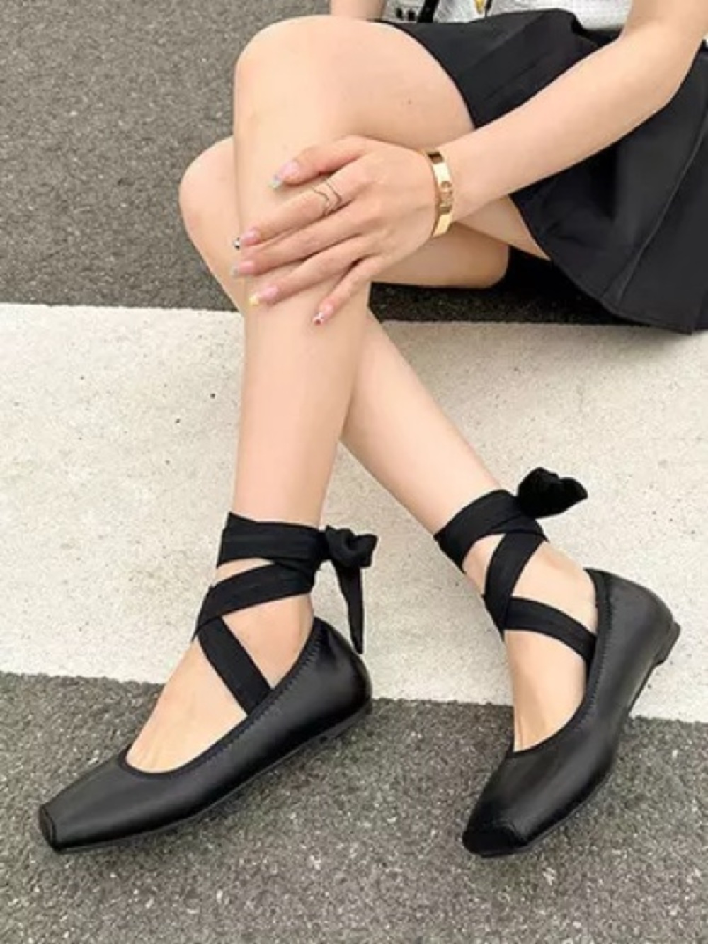 M. Gemi Black Leather Ballet Flats with Wrap Ankle Ties